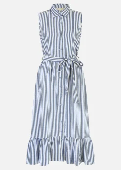 Yumi Blue Striped Sleeveless Midi Shirt Dress