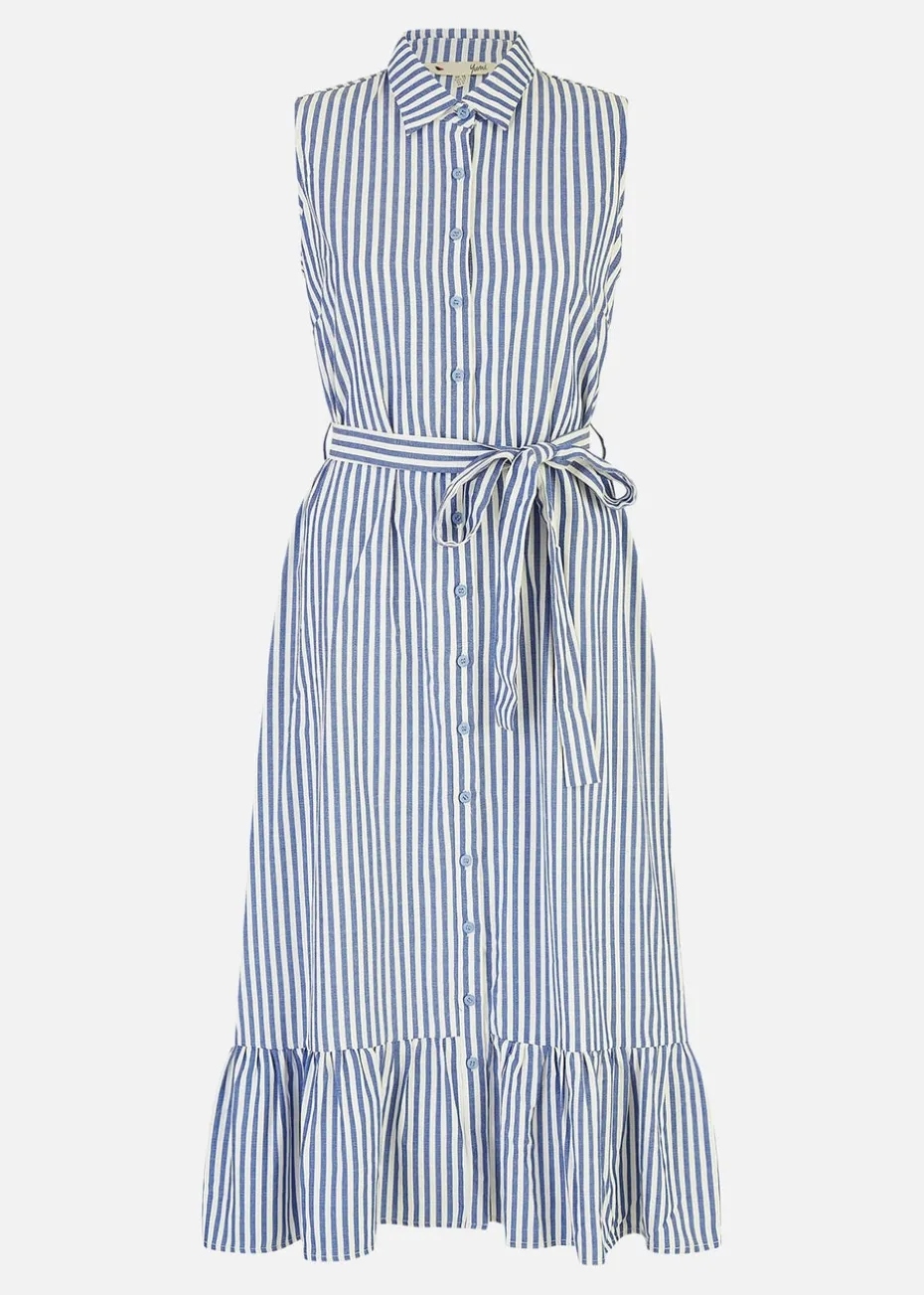 Yumi Blue Striped Sleeveless Midi Shirt Dress