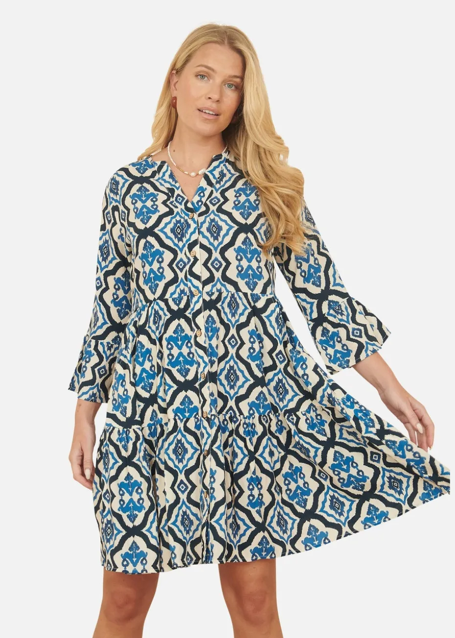 Yumi Blue Viscose Ikat Print 3/4 Sleeve Tunic Dress
