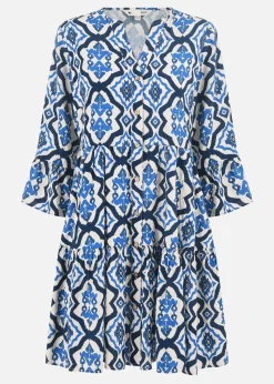 Yumi Blue Viscose Ikat Print 3/4 Sleeve Tunic Dress