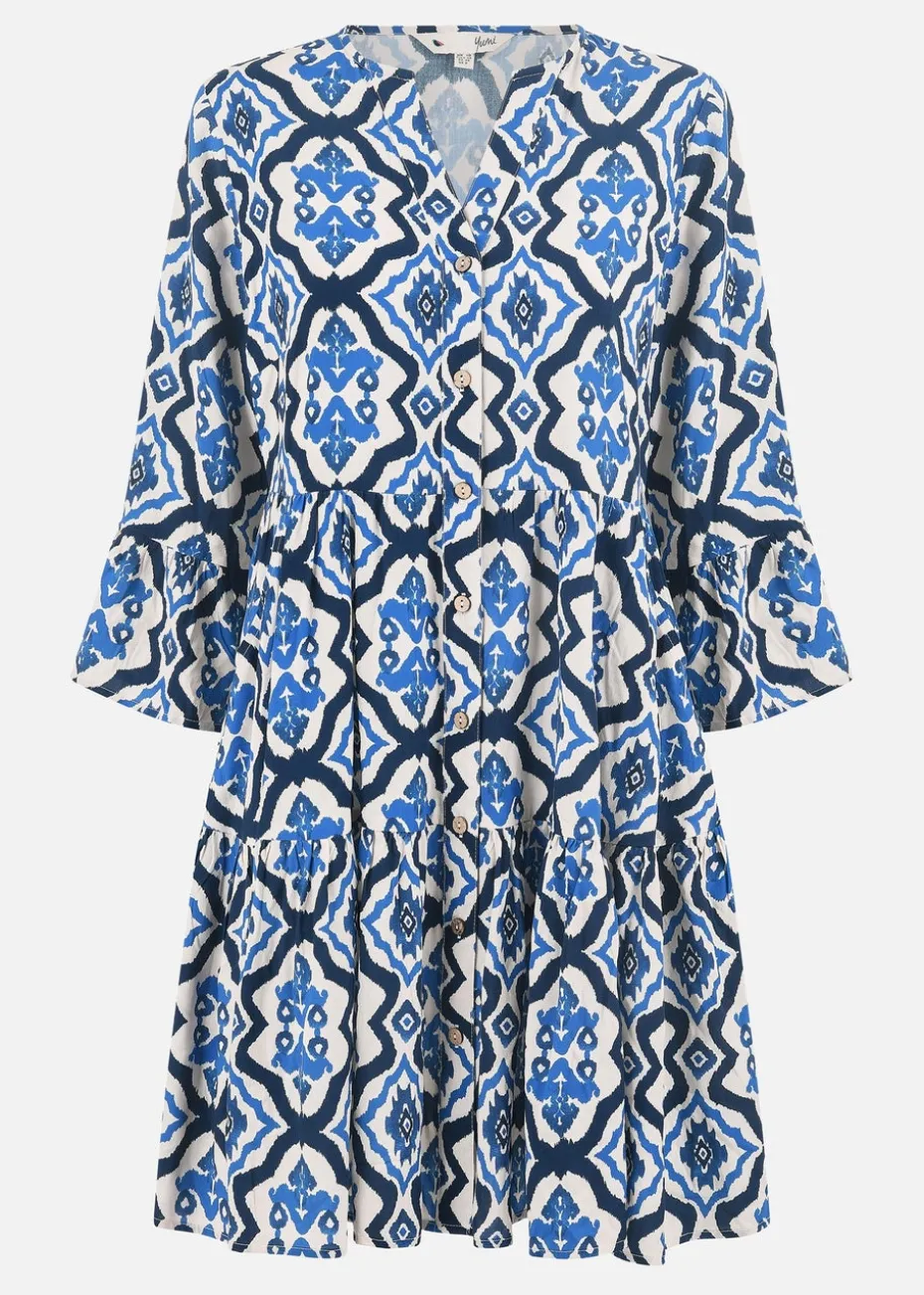 Yumi Blue Viscose Ikat Print 3/4 Sleeve Tunic Dress