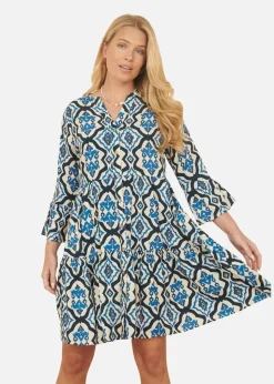 Yumi Blue Viscose Ikat Print 3/4 Sleeve Tunic Dress
