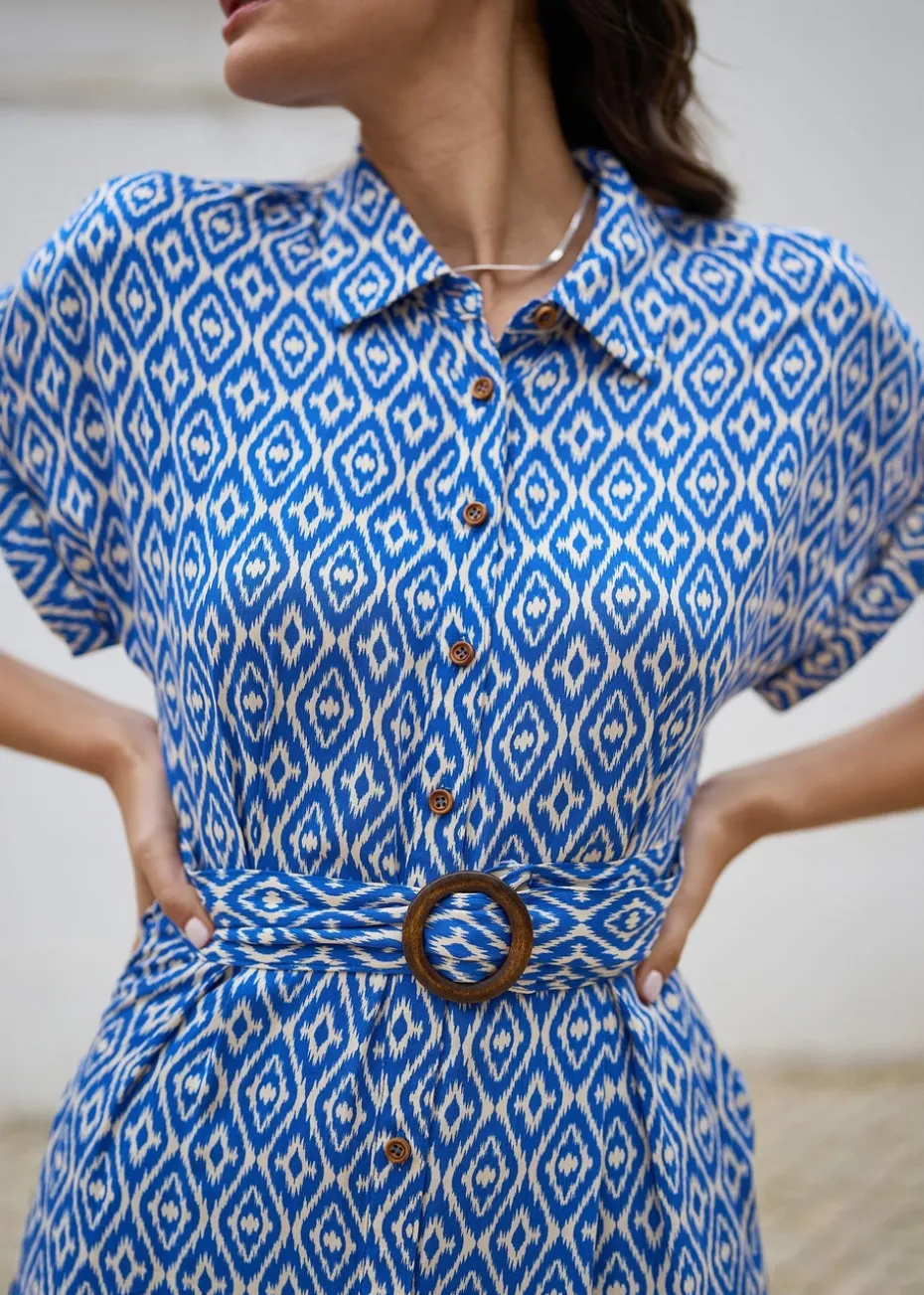 Yumi Blue Viscose Midi Shirt Dress With Matching Belt