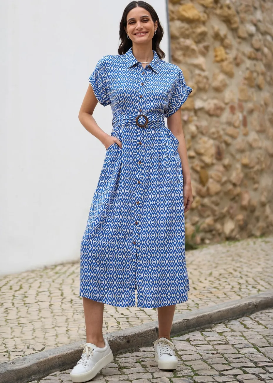 Yumi Blue Viscose Midi Shirt Dress With Matching Belt