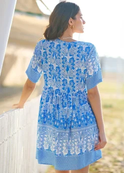 Yumi Blue Viscose Palm Relaxed Tunic