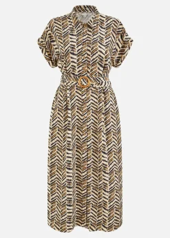 Yumi Brown Abstract Animal Print Relaxed Midi Shirt Dress With Belt