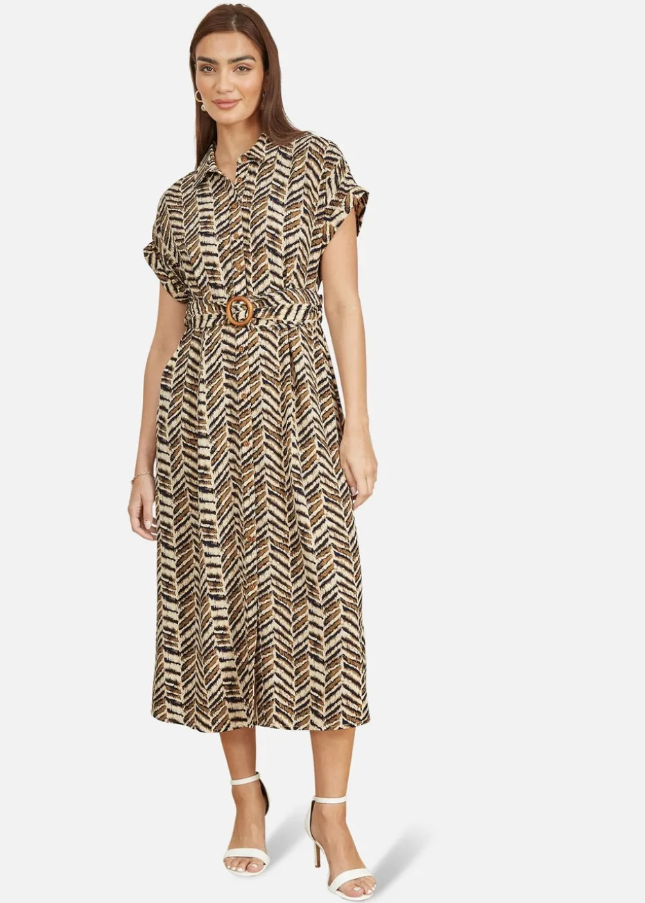 Yumi Brown Abstract Animal Print Relaxed Midi Shirt Dress With Belt