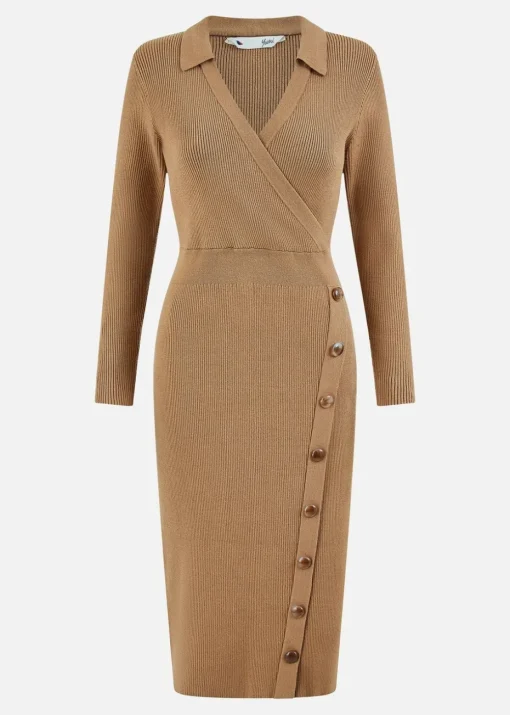 Yumi Brown Knitted Midi Dress With Asymmetric Button Details