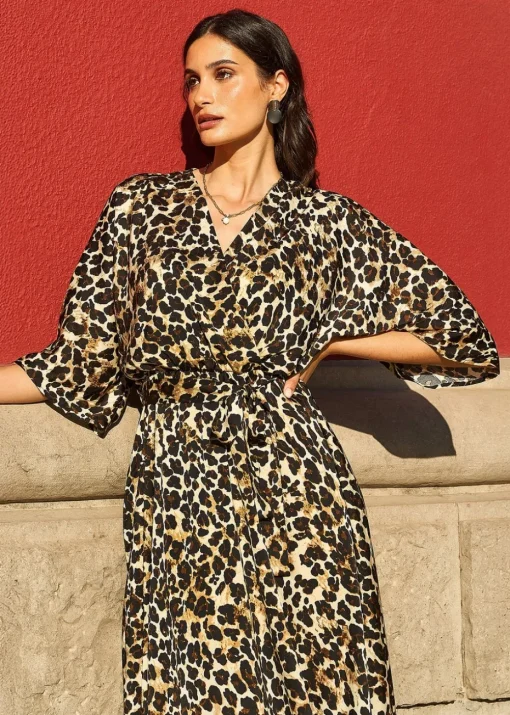 Yumi Brown Leopard Midi Wrap Dress With Kimono Sleeves