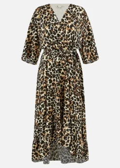 Yumi Brown Leopard Midi Wrap Dress With Kimono Sleeves