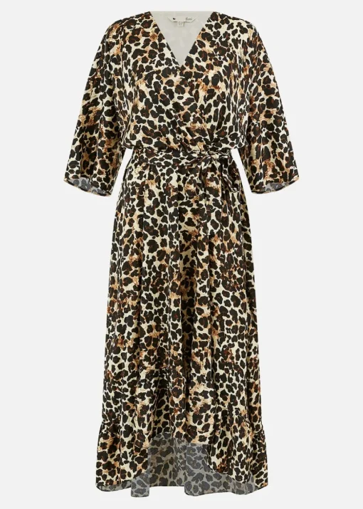 Yumi Brown Leopard Midi Wrap Dress With Kimono Sleeves