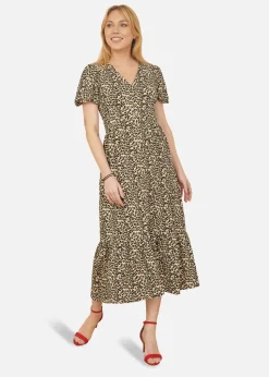 Yumi Brown Leopard Print Pleated Button Through Midi Dress