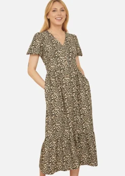 Yumi Brown Leopard Print Pleated Button Through Midi Dress