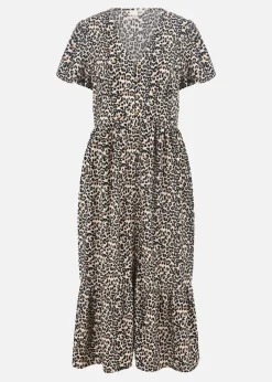 Yumi Brown Leopard Print Pleated Button Through Midi Dress