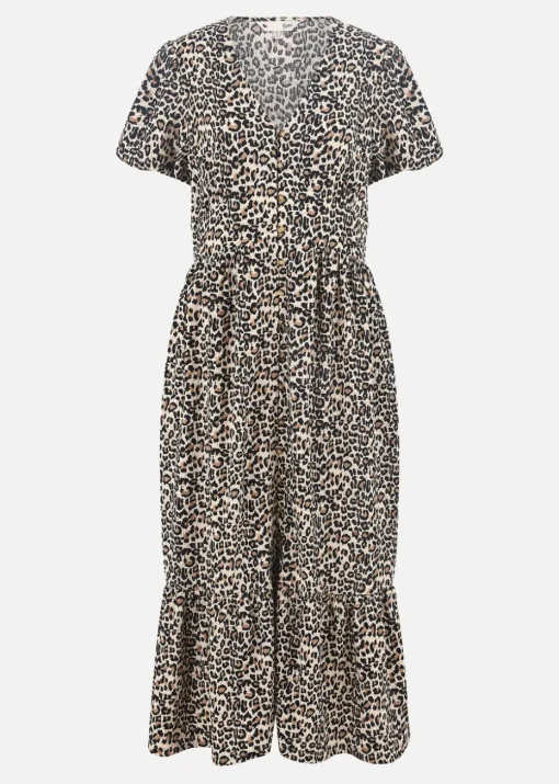 Yumi Brown Leopard Print Pleated Button Through Midi Dress