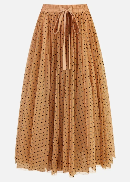 Yumi Brown Mesh Heart Print Tulle Skirt