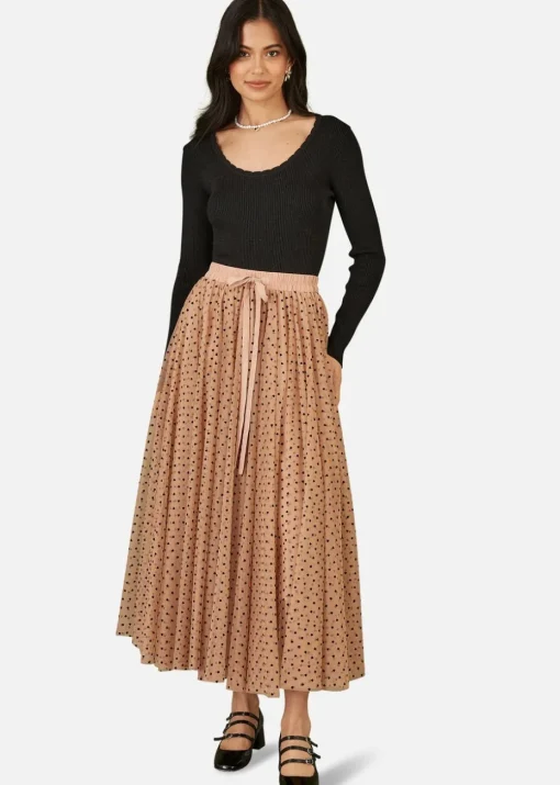 Yumi Brown Mesh Heart Print Tulle Skirt