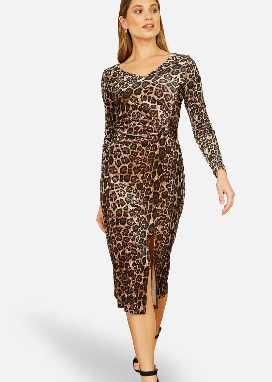 Yumi Brown Velvet Leopard Print Fitted Midi Dress