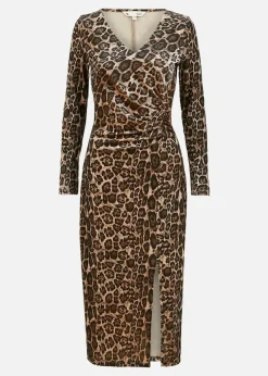 Yumi Brown Velvet Leopard Print Fitted Midi Dress
