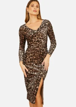 Yumi Brown Velvet Leopard Print Fitted Midi Dress