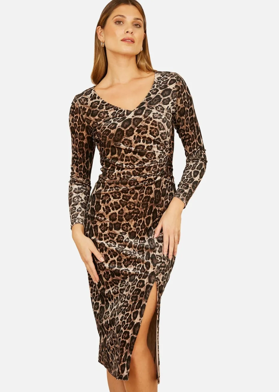 Yumi Brown Velvet Leopard Print Fitted Midi Dress