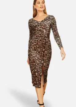 Yumi Brown Velvet Leopard Print Fitted Midi Dress