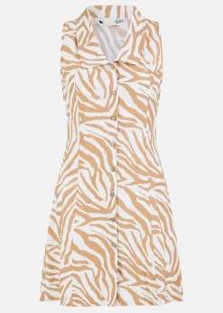 Yumi Brown Zebra Print Collar Sleeveless Shirt Mini Dress