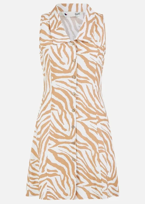 Yumi Brown Zebra Print Collar Sleeveless Shirt Mini Dress