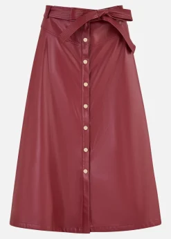 Yumi Burgundy Faux Leather A Line Midi Skirt With Button Up Details
