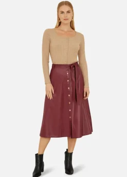 Yumi Burgundy Faux Leather A Line Midi Skirt With Button Up Details