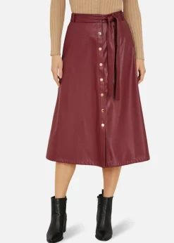 Yumi Burgundy Faux Leather A Line Midi Skirt With Button Up Details