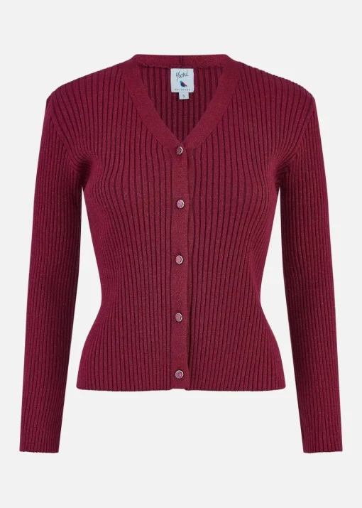 Yumi Burgundy Metallic Rib Knitted Cardigan