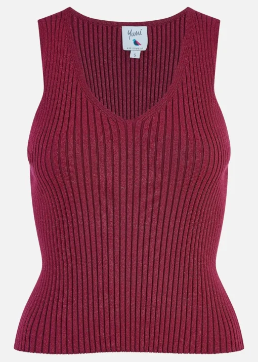 Yumi Burgundy Metallic Rib Knitted Vest Top