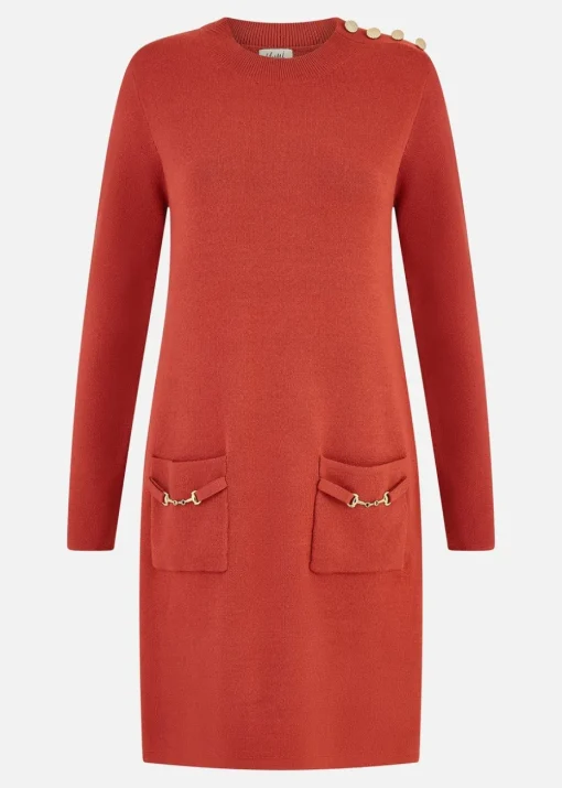 Yumi Burnt Orange Knitted Tunic Dress With Gold Hardware Details