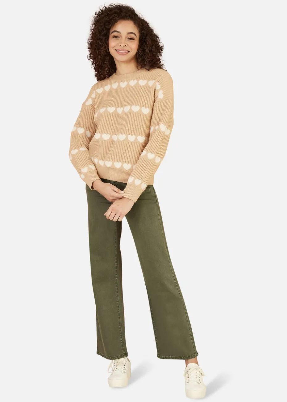 Yumi Camel Knitted Jumped With Heart Stripes