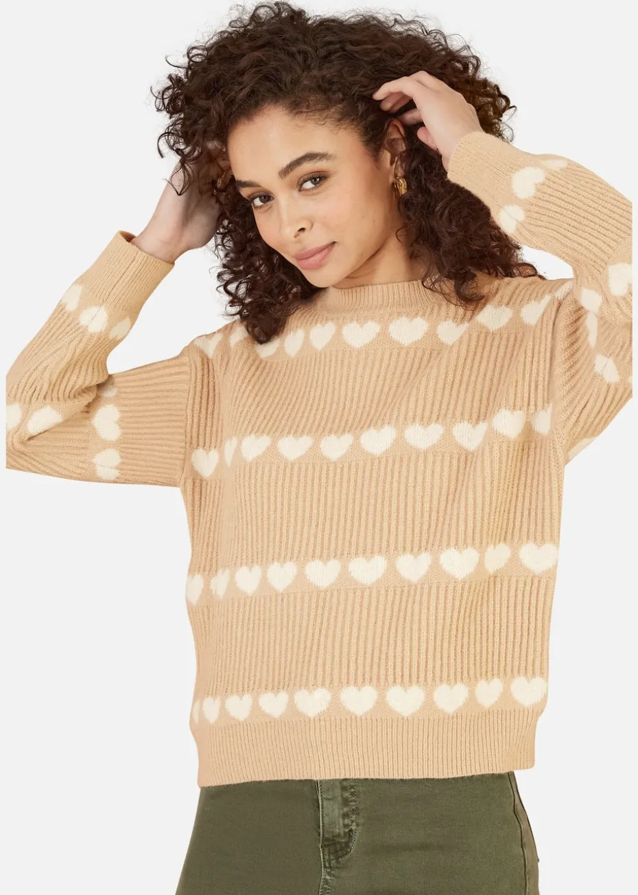 Yumi Camel Knitted Jumped With Heart Stripes