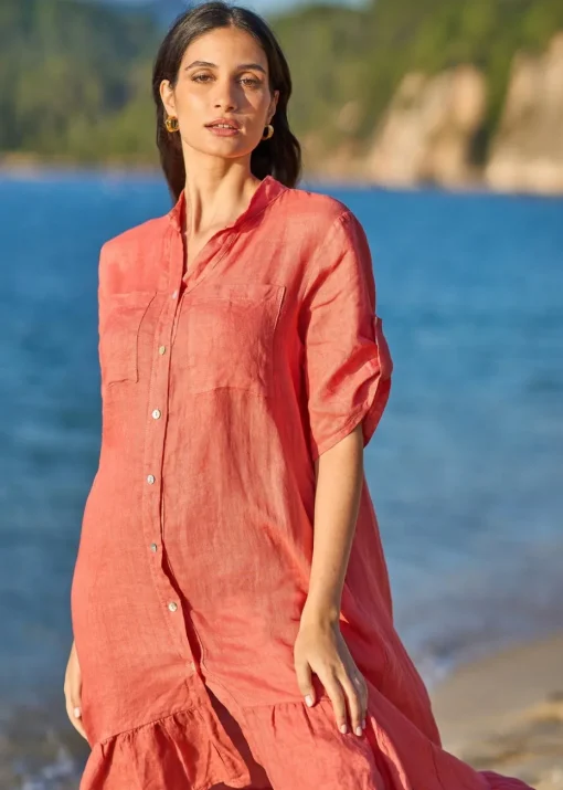 Yumi Coral Italian Linen Shirt Dress With Frill Hem
