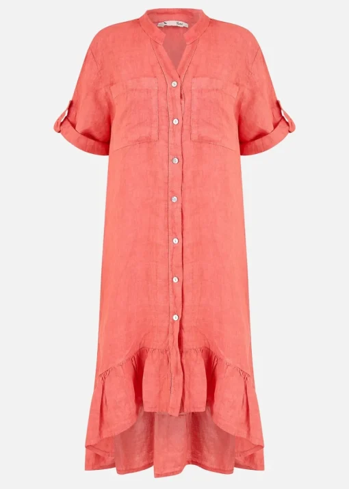 Yumi Coral Italian Linen Shirt Dress With Frill Hem