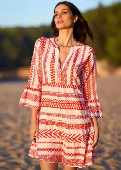 Yumi Coral Tencel Geo Stripe Print Beach Tunic