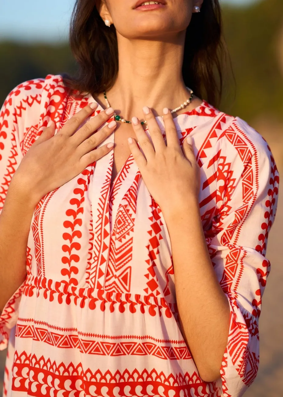 Yumi Coral Tencel Geo Stripe Print Beach Tunic