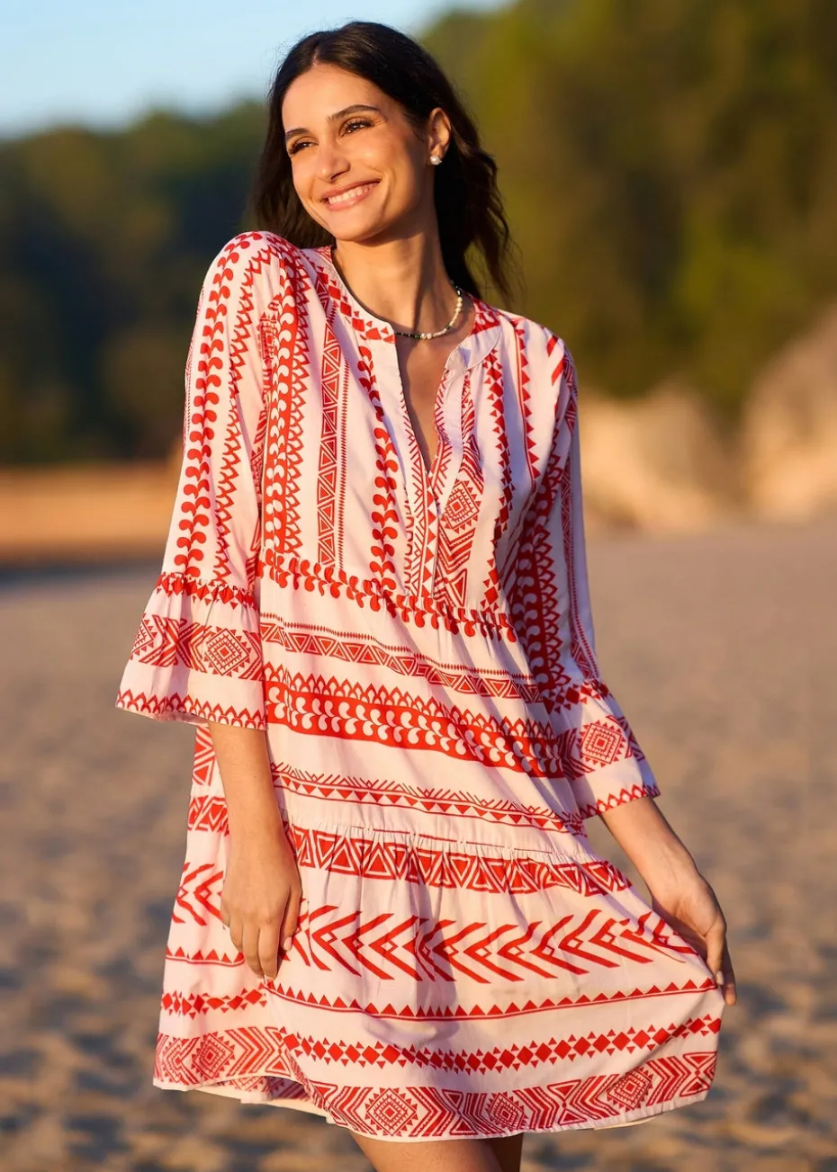 Yumi Coral Tencel Geo Stripe Print Beach Tunic
