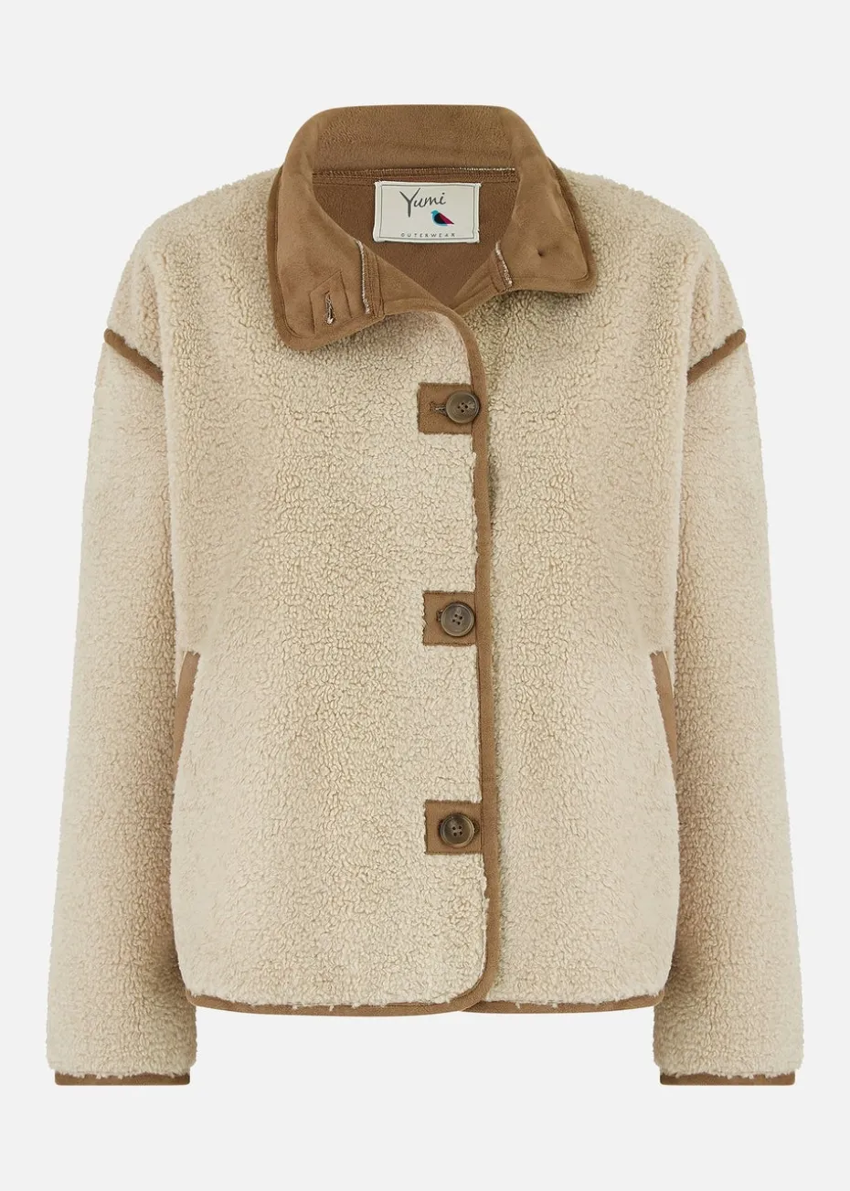 Yumi Cream Borg High Neck Jacket With Faux Leather Trims