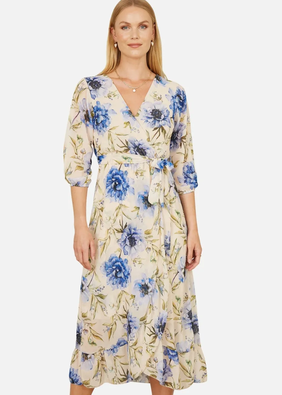 Yumi Cream Vintage Floral Wrap Midi Dress With Frill