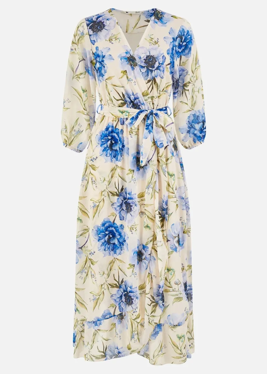 Yumi Cream Vintage Floral Wrap Midi Dress With Frill