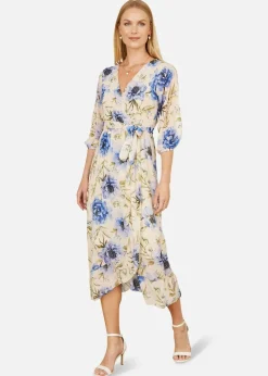 Yumi Cream Vintage Floral Wrap Midi Dress With Frill