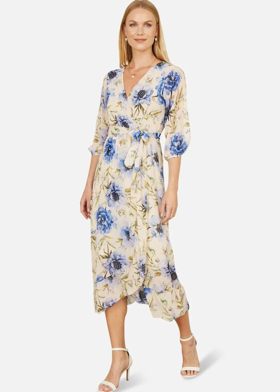 Yumi Cream Vintage Floral Wrap Midi Dress With Frill