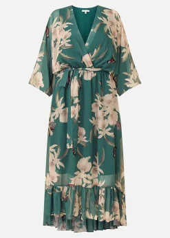 Yumi Floral Print Green Kimono Midi Wrap Dress