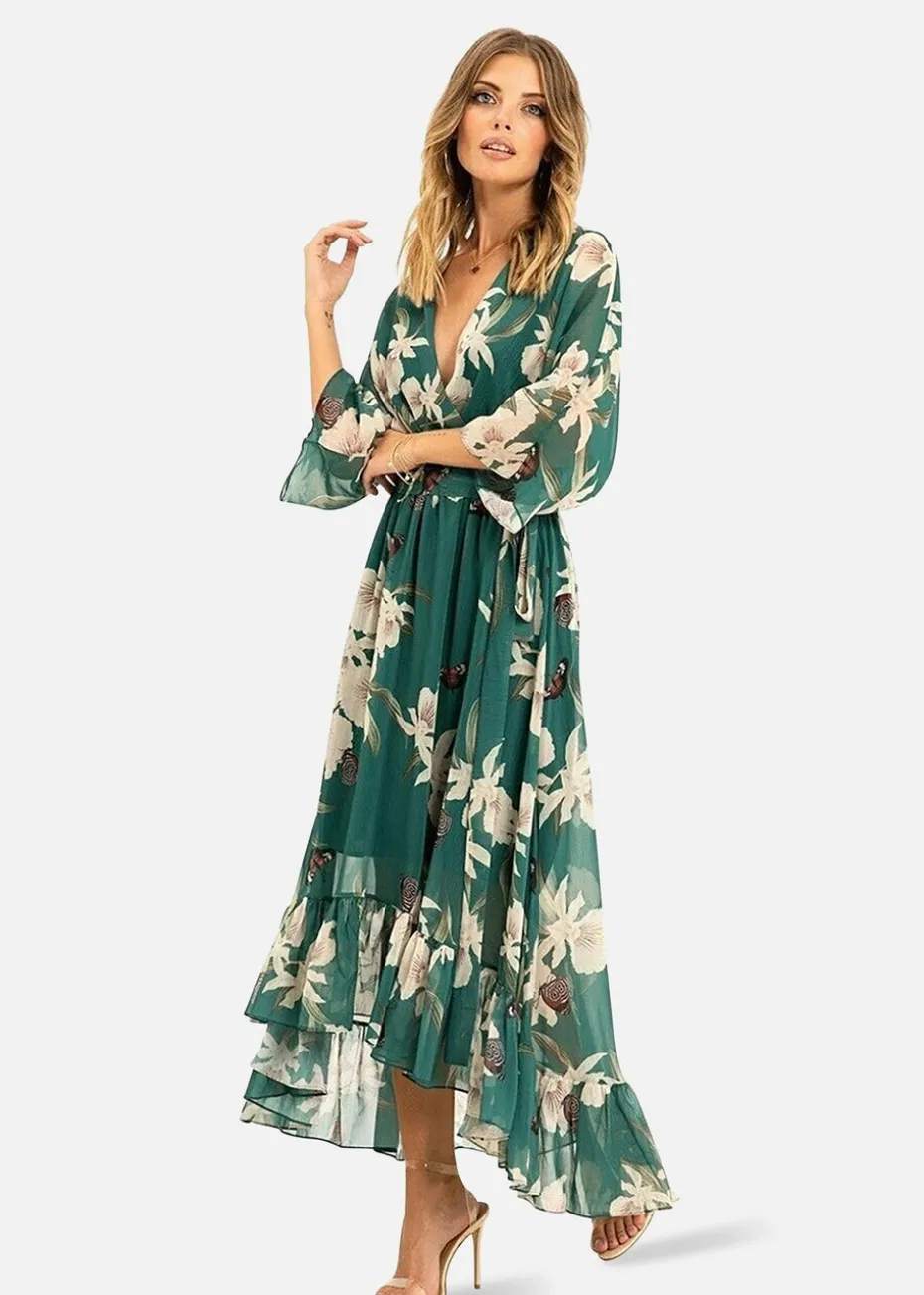Yumi Floral Print Green Kimono Midi Wrap Dress
