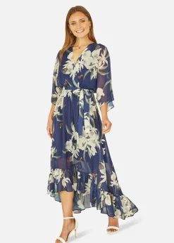 Yumi Floral Print Navy Kimono Midi Wrap Dress