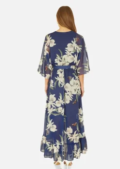 Yumi Floral Print Navy Kimono Midi Wrap Dress